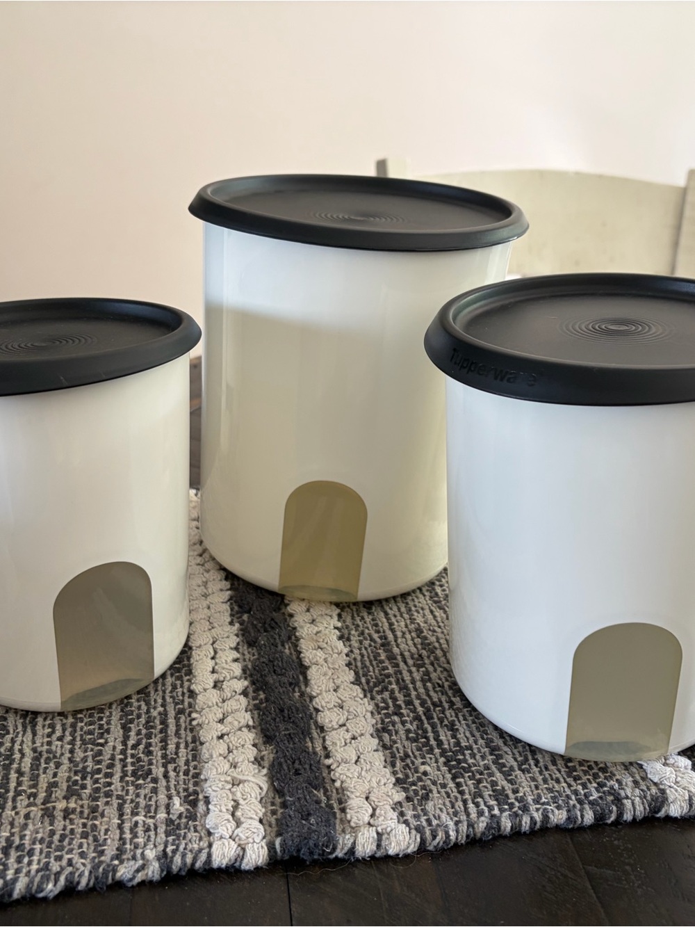 Tupperware White Pantry Canister Trio with Black Lids